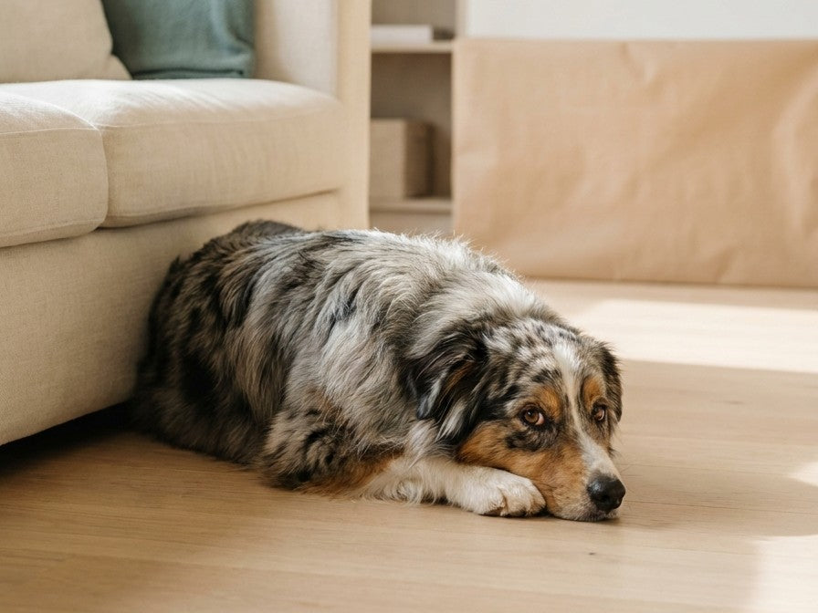Australian Shepherd with a healthy, glossy coat resting on a wooden floor at home